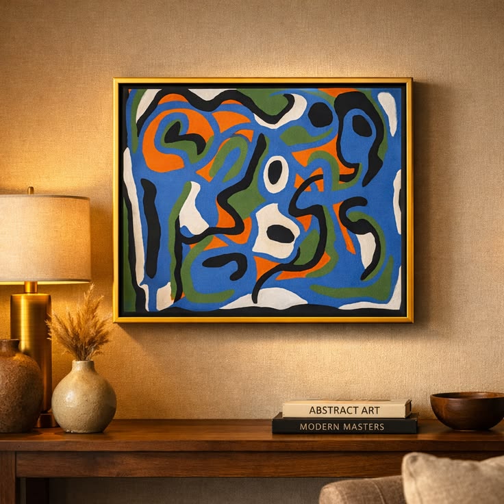 Original abstract acrylic painting by Devon Whyte featuring blue, green, orange, and white with bold black linework, displayed in a gold frame