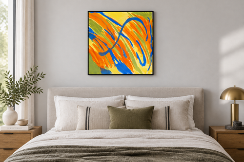 Carnival 16x16 art print in black float frame, modern bedroom