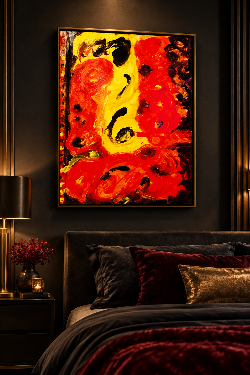 Inferno Dream 16x20 art print in bronze frame, dark bedroom statement wall