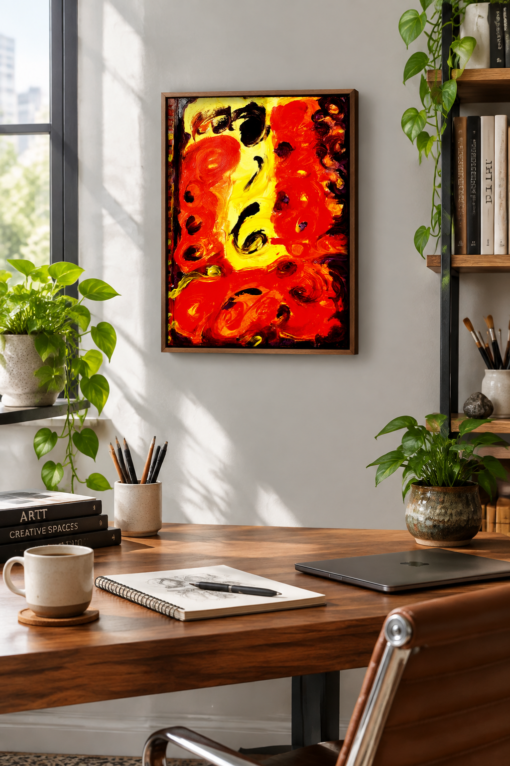 Inferno Dream 11x14 art print in walnut frame, creative studio