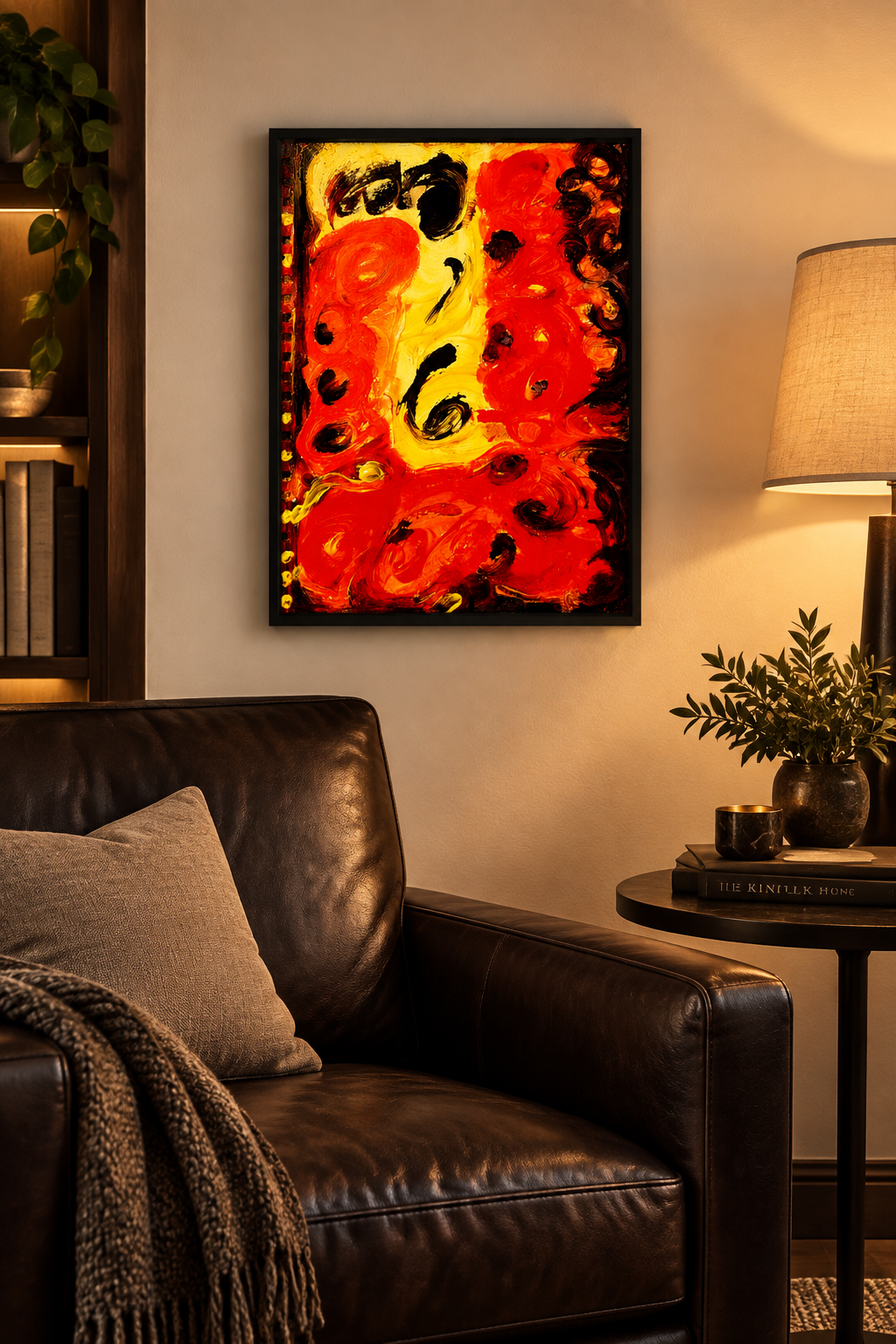 Inferno Dream 11x14 art print in black float frame, living room