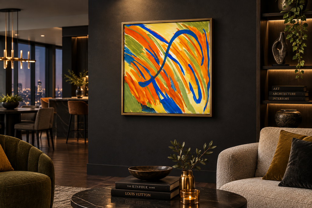 Carnival 18x18 art print in bronze frame, dark statement wall